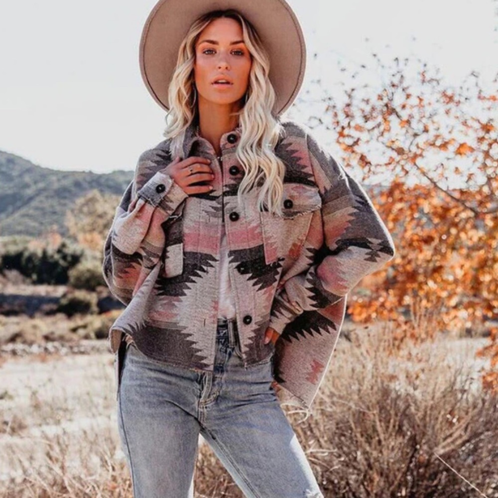 Pink and  grey Aztec Yellowstone vibe warm coat